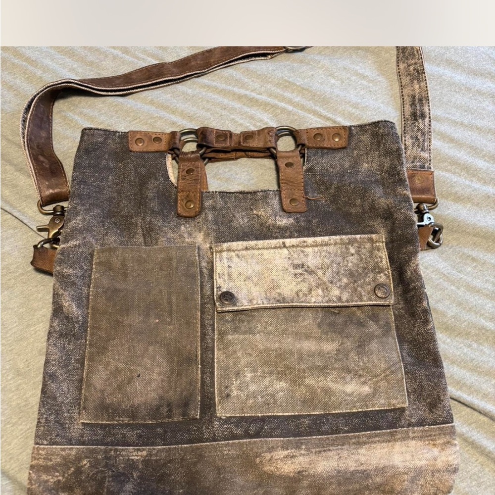 Mona B Distressed Canvas and Leather Messenger Bag